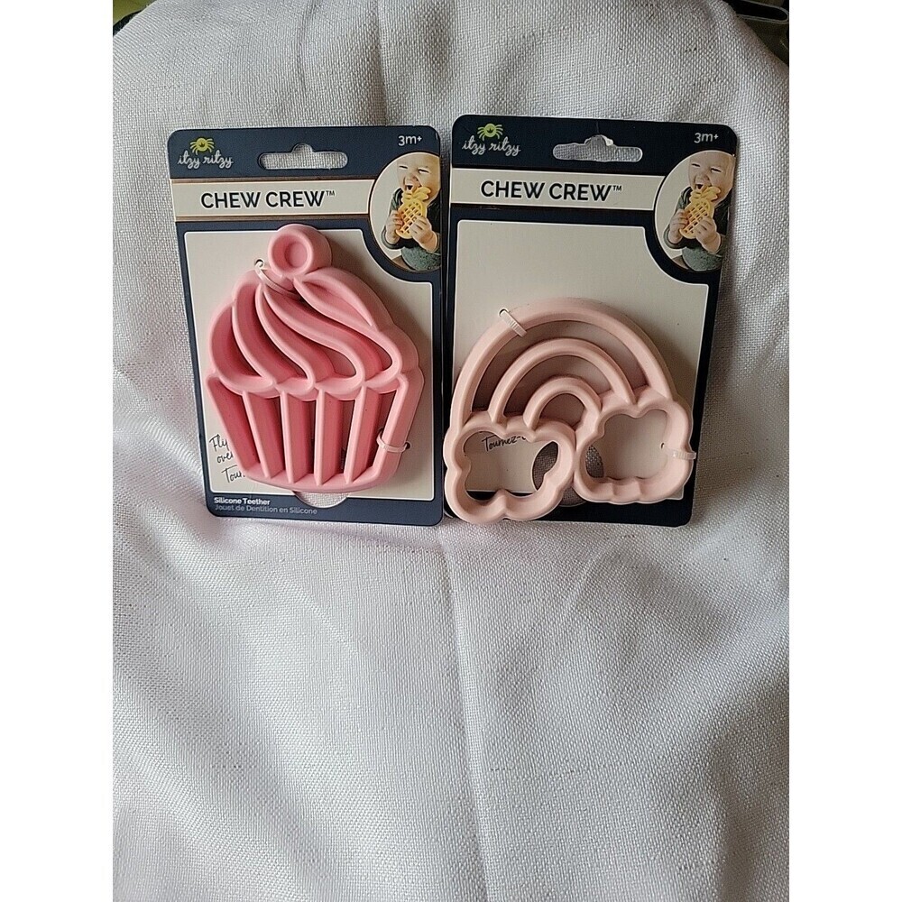 NEW Pink Cupcake & Rainbow Silicone Teether Chew Crew | Itzy Ritzy Set /2